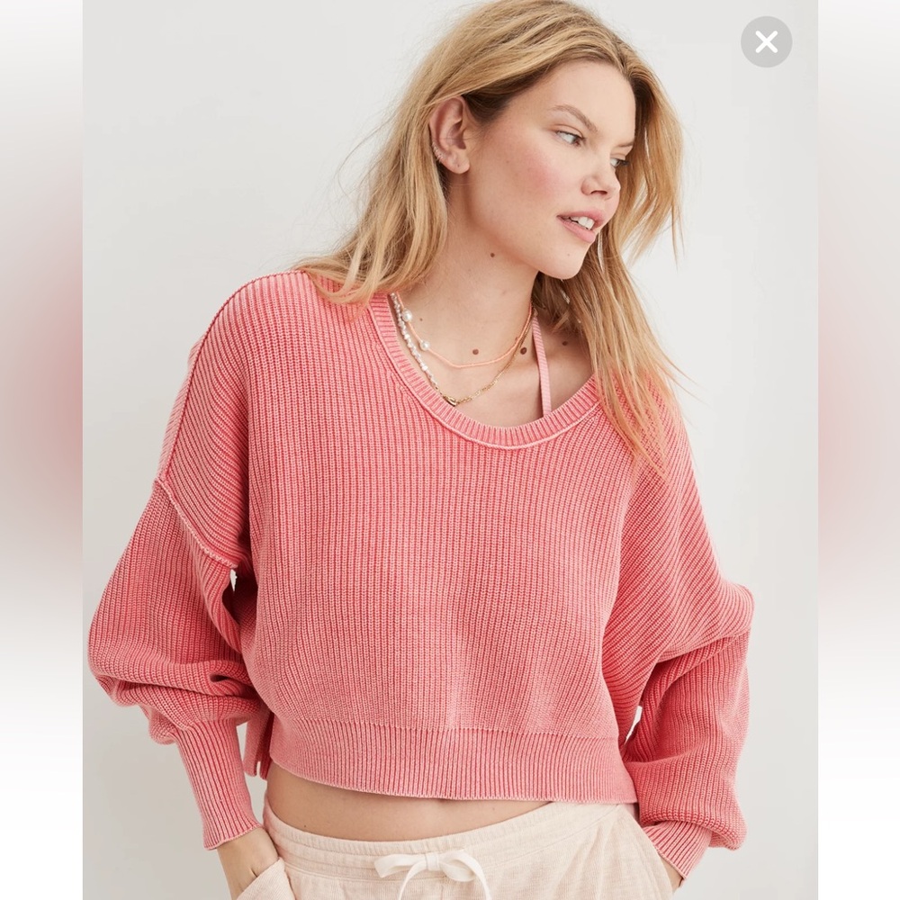 Aerie Beyond Cropped Sweater Haute Coral Pink Size XL